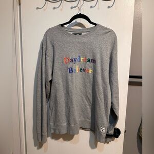 Roots daydream believer rainbow spell out gray pullover crewneck sweatshirt
